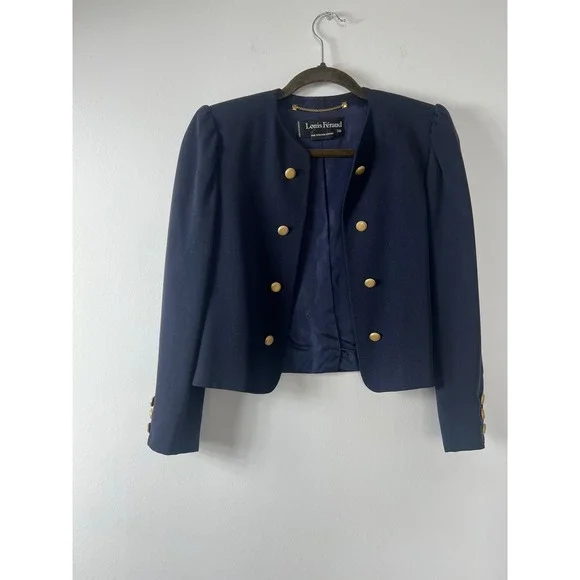 Louis Feraud Cropped Navy Wool Blazer Gold Buttons Size 38 - Picture 6 of 6